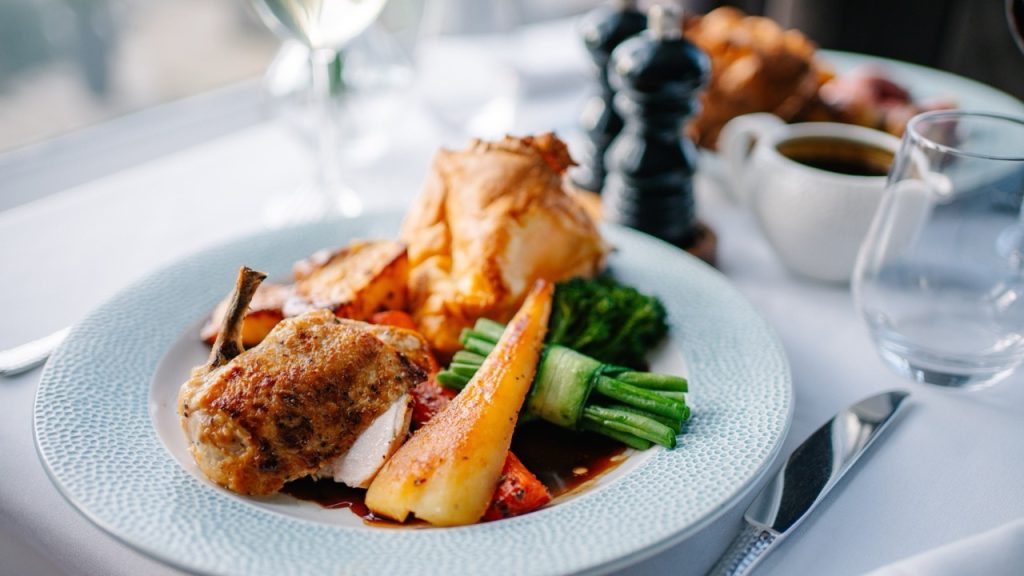 Chicken roast dinner being served in the tara restautant at Hatton Court on a Lazy Sunday Offer.