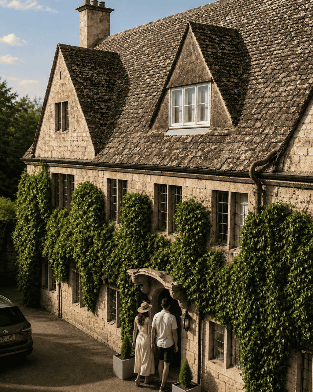 sun dappled frontage hatton court hotel with couple entering